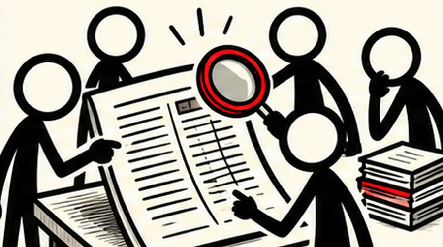 A group pores over a long printed record with a red magnifying glass, stacks of files beside them.