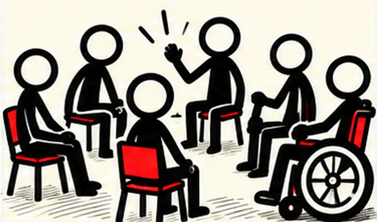 People sit in a circle of red chairs, one in a wheelchair, one raising a hand to speak.