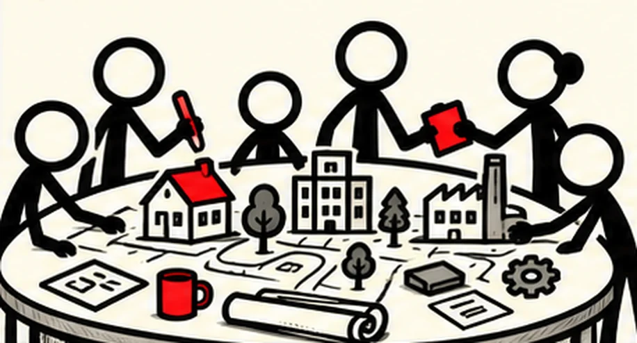 People around a round table covered with a town plan, placing a house, a school and a factory, one marking it with a red pencil.