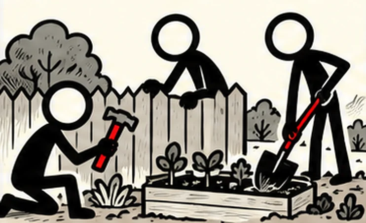Neighbours fix a wooden fence and dig a raised garden bed with a hammer and a red shovel.