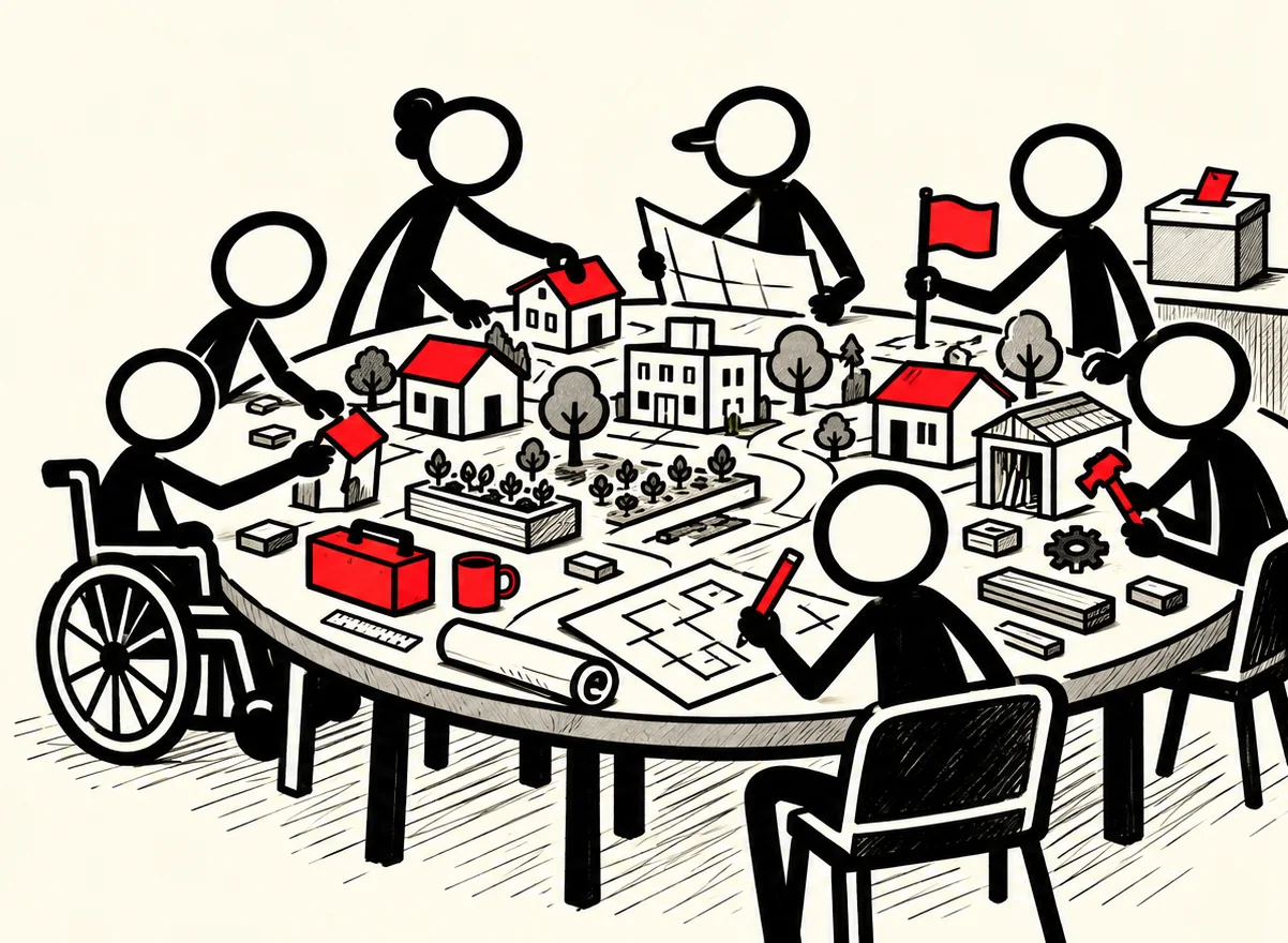 Stick figures around a round table build a town together: one in a wheelchair places a house, one unrolls a plan, one plants a red flag, one draws with a red pencil, one holds a hammer. A ballot box sits at the far edge of the table.