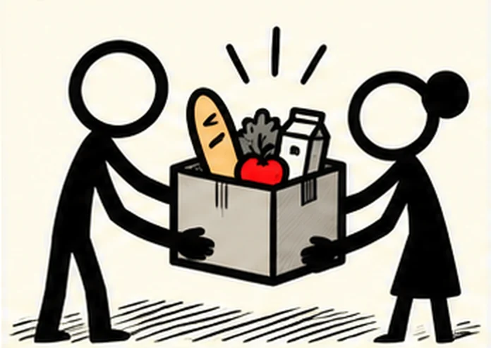 Two people pass a box of groceries, bread, a carton and an apple, from hand to hand.