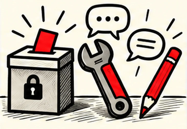 A locked ballot box with a red ballot going in, beside a red wrench, a red pencil and two speech bubbles.