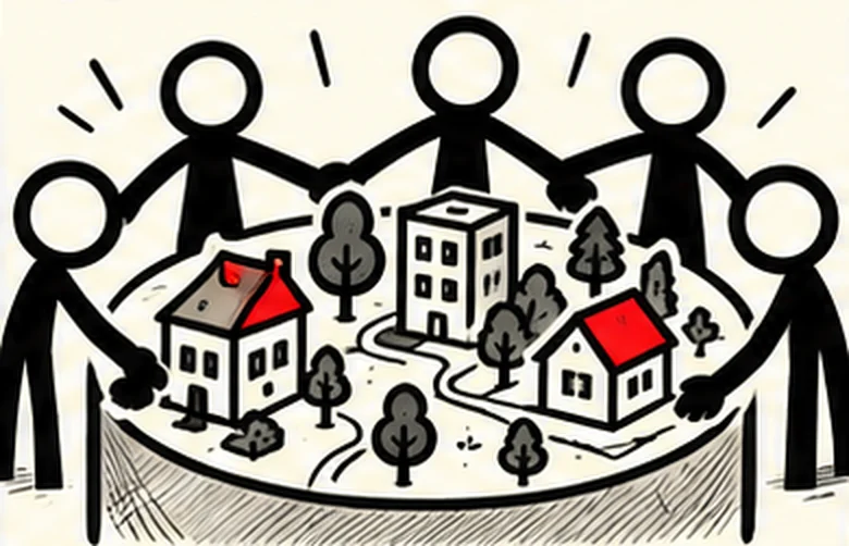 People join hands in a ring around a model of their neighbourhood, with houses, trees and an apartment block.