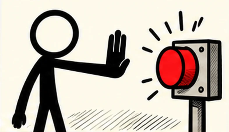 A person holds up a flat hand to stop, in front of a large red button on a post.