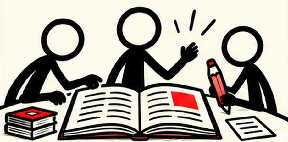 Three people lean over a large open book with a red marker on the page, one taking notes with a red pencil.