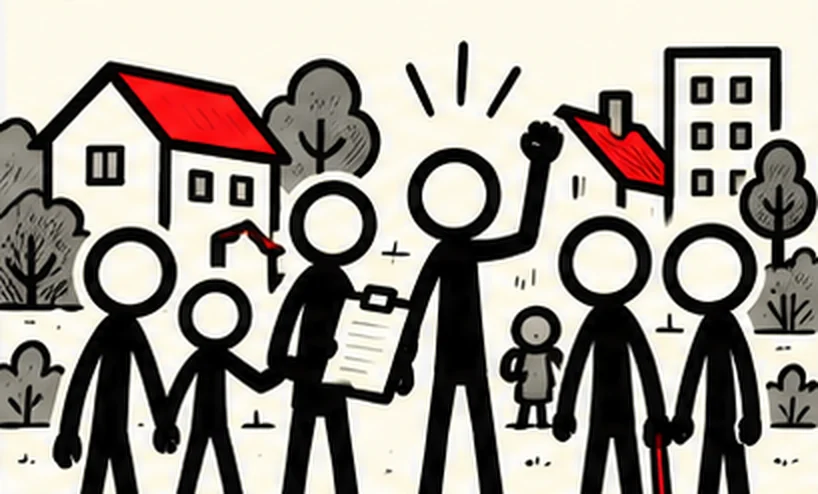 A crowd of tenants, adults and a child, stand together in front of houses and an apartment block, one holding a clipboard, one raising a fist.