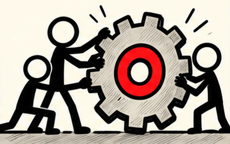 Three people push a large grey gear with a red centre, together, to make it turn.