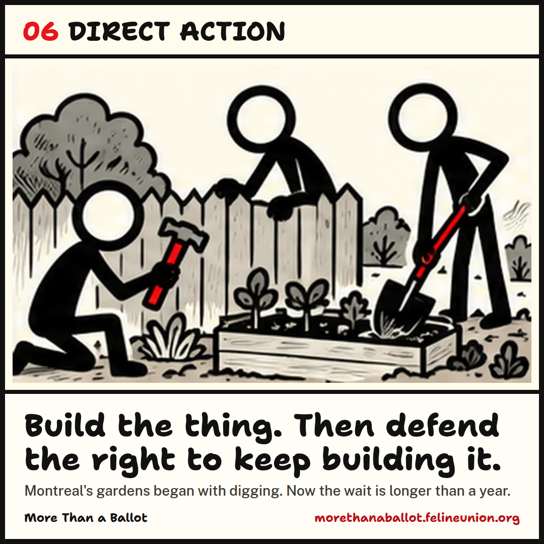 Build the thing. Then defend the right to keep building it. Montreal's gardens began with digging. Now the wait is longer than a year.